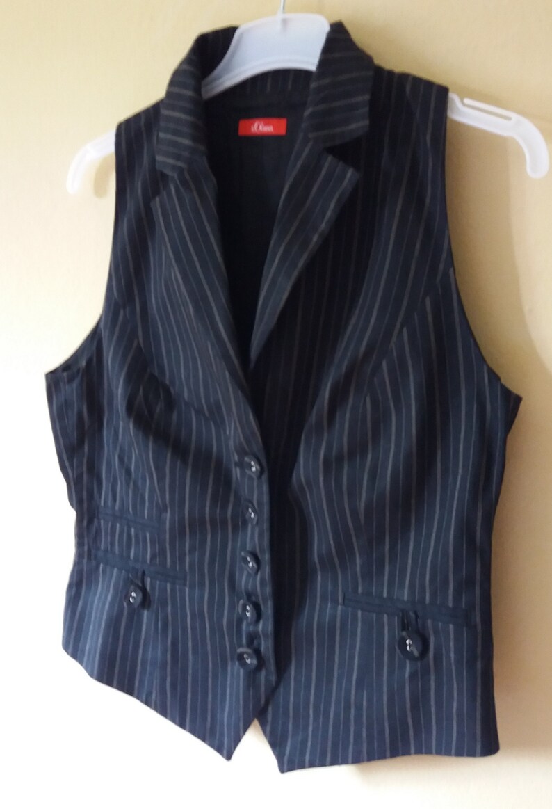 Vintage 90s Black with Beige Tiny Stripes Lined Vest Size DE 40 Waistcoat