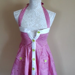 Vintage Halter Neck Dress,Pink White Dress,Embroidered Floral Pattern Dress,Buttons Up dress,Ruffled Size US XXS Rockabilly Dress