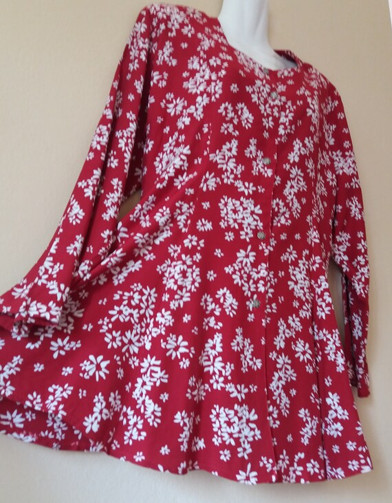 Vintage 90s Dark Red White Floral Print White Rib… - image 5