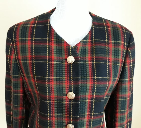 Vintage 90s Tartan Plaid Wool Size DE 44 Blazer,Bl