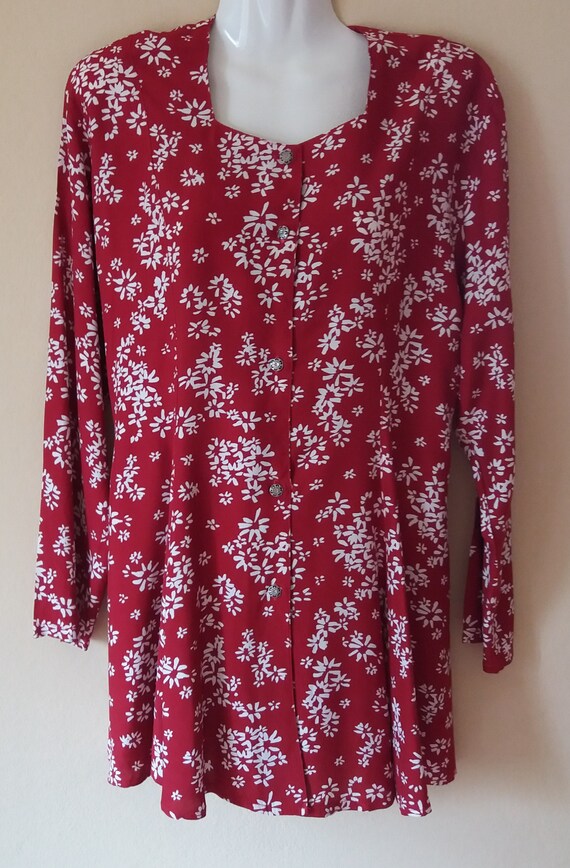 Vintage 90s Dark Red White Floral Print White Rib… - image 2