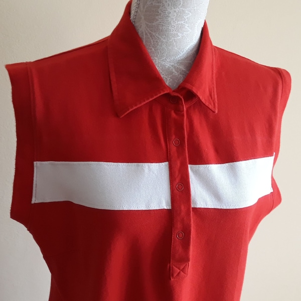 Robe de style polo vintage, rouge avec robe de sport à rayures blanches, taille de longueur midi DE 44/46 ou robe en coton d’été US M / L