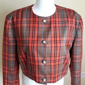 Vintage 80s Cropped Plaid Blazer,Red with Black Brown Turquoise Plaid Pattern,Short Size DE 46 or US L Plaid Jacket