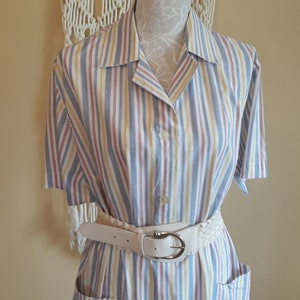 Vintage 90s White Colorful Stripes Dress,Buttons Full Lenght Dress,Collar Pockets Summer Cotton Size US L Dress