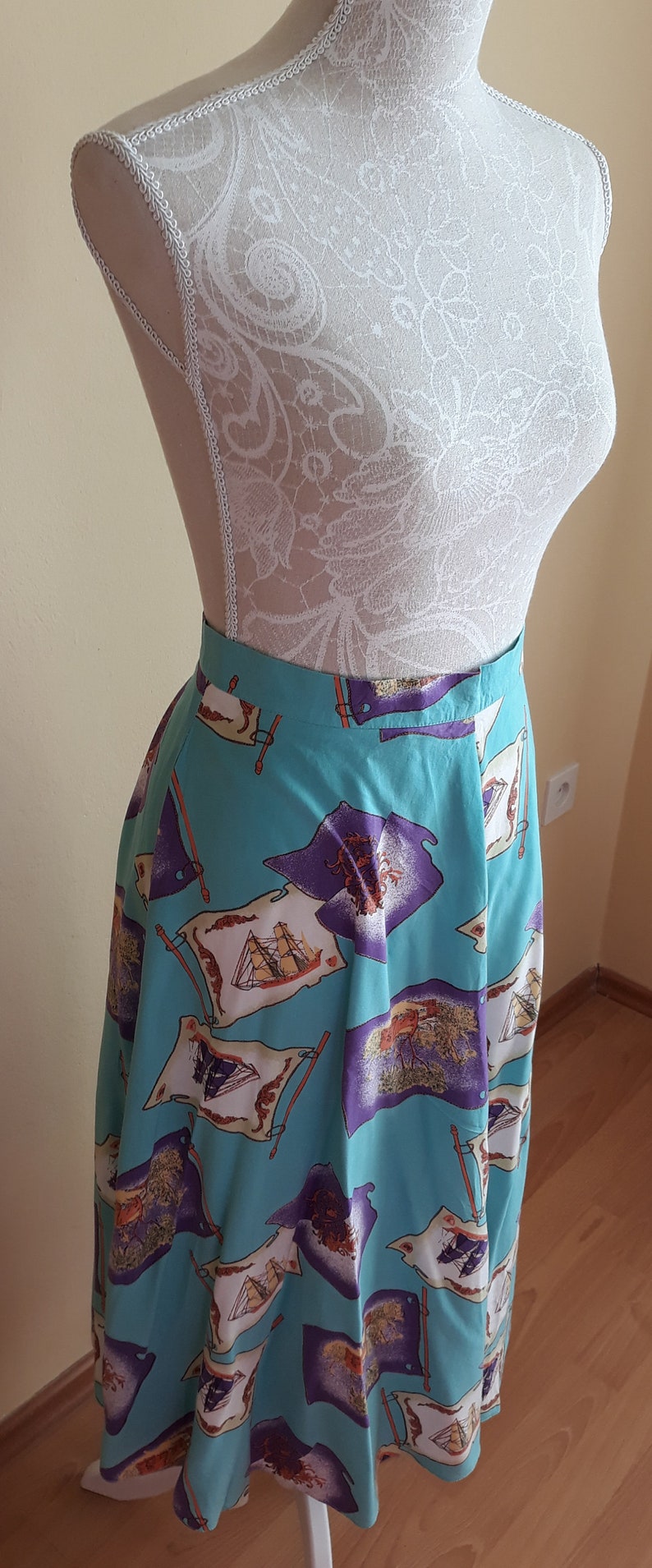 Vintage 90s Sewn Turquoise with Colorful Print Full Circle Skirt,Mast with Flags Print Viscose Size DE 40 Skirt