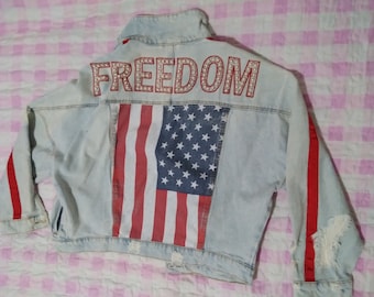 Vintage Cropped Jeans Jacket with Anerican flag