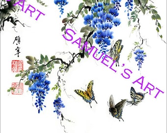 Giclee Print, Art, Artwork, Fine Art, Painting, Home Decor, Gift, Print, Samuels Art, Present, Wall Decor, Wisteria, Butterfly, Flower, Tree