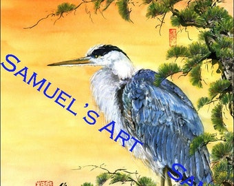 Giclee Print, Art, Artwork, Fine Art, Painting, Home Decor, Gift, Print, Samuels Art, Present, Wall Decor, Blue Heron, Bird, Pine Tree