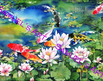 Samuels Art, Present, Wall Decor, Giclee Print, Art, Artwork, Fine Art, Painting, Home Decor, Gift, Print, Koi Fish, Lotus, Pond, Oriental