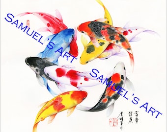 Fine Art, Painting, Home Decor, Gift, Print, Samuelsart, Present, Wall Decor, Giclee Print, Art, Artwork, Koi Fish, Fish, Oriental