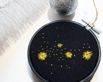 Christmas Ornament Bauble / 3" Hoop / Gold Star Galaxy  / Hand Embroidered