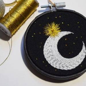 Christmas Ornament Bauble / 3&quot; Hoop / Gold Star and Moon / Hand Embroidered