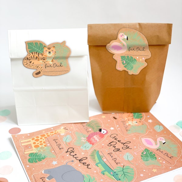 Dschungel-Party Goodie Bag Set mit beschreibbaren Stickerbogen und Papiertüten wahlweise in braun oder weiß
