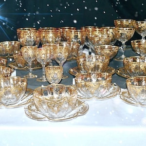 Antique Suite Moser Quatrefoil Shape Stemware Raised Paste Gilt circa 1900 42 Piece Set