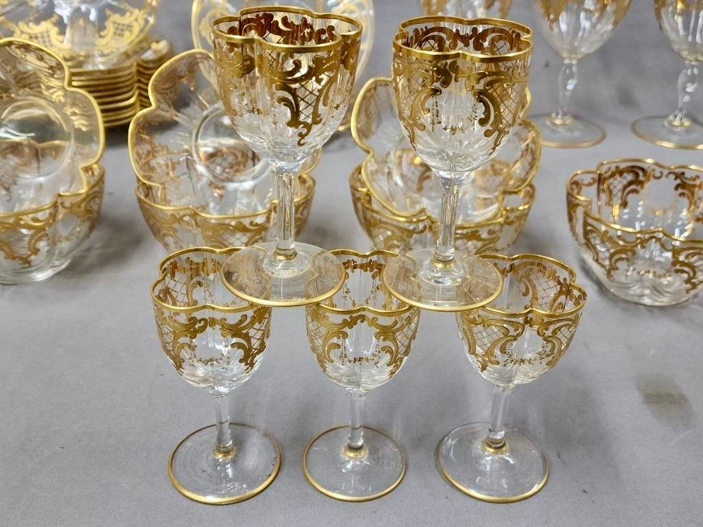 Antique Suite Moser Quatrefoil Shape Stemware Raised Paste Gilt Circa