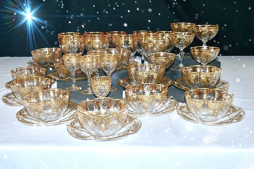 Antique Suite Moser Quatrefoil Shape Stemware Raised Paste Gilt Circa