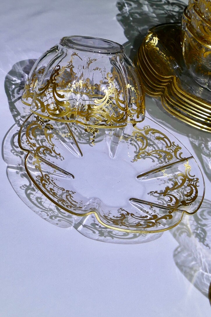 Antique Suite Moser Quatrefoil Shape Stemware Raised Paste Gilt Circa