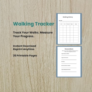 May include: A digital walking tracker document featuring two pages with black text and grids. The top page is titled Walking History with columns for date, time, distance, steps, and notes. The bottom page is titled Personal Bests for tracking achievements.