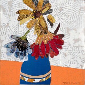 Bei fiori in un vaso, collage di carta, stampa di alta qualità su carta, decorazioni murali.