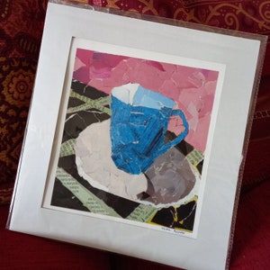 Collage di tazza blu, stampa, decorazione della parete della cucina