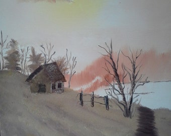 Log Cabin Landscape in Brown Tones Original Painting 16 x 20