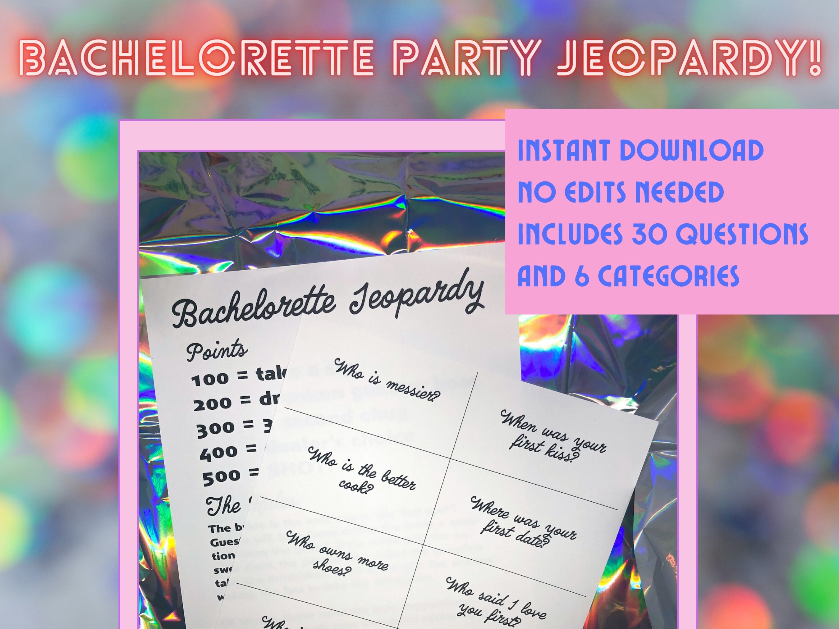 Bachelorette Jeopardy Digital Download Printable Party Game Instant