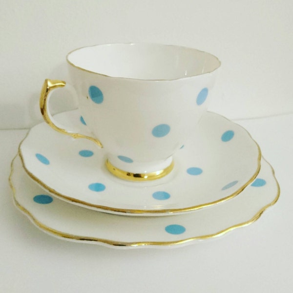 Vintage 40s Royal Vale china trio teacup saucer plate blue polkadot polka dots spotty dotty cup and saucer set afternoon tea collectable