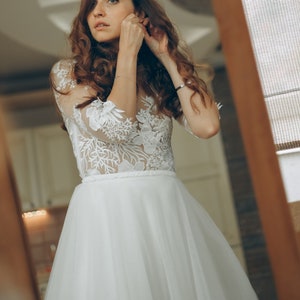 Two pieces wedding dress with floral lace bodysuit and tulle skirt