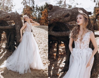 Romantic wedding dress with flowy tulle skirt & lace bodice with beads/ Elegant A-line silhouette, deep plunge, open back/ Boho bridal gown