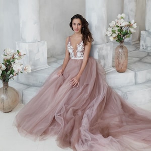 Tulle wedding dress deep V Open back 3d flowers Ball gown Cathedral train Fairy dress Romantic Bridal gown Dusty rose Princess floral Color