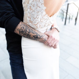 Modern wedding gown, open back, deep V neckline, two piece wedding dress, lace top, long skirt with train, sexy wedding dress image 1