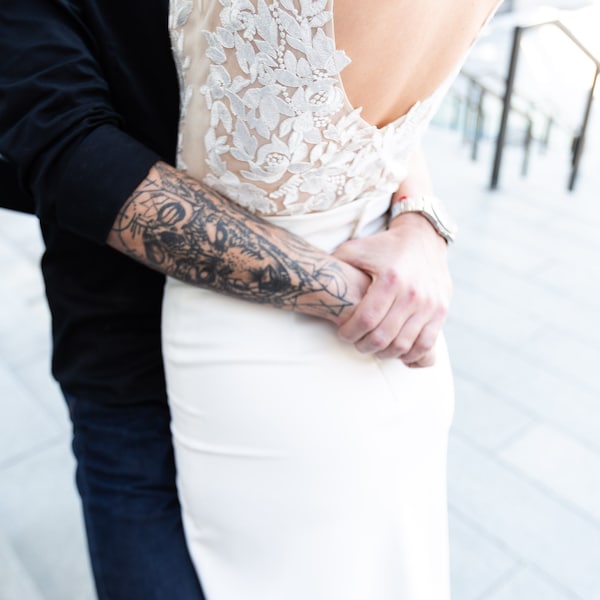 Modern wedding gown, open back, deep V neckline, two piece wedding dress, lace top, long skirt with train, sexy wedding dress