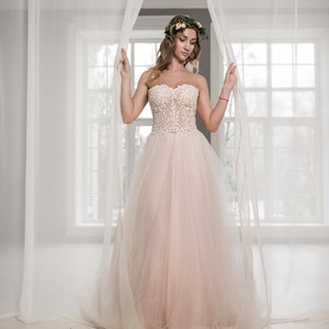 Sweetheart corset wedding dress, Lace bodice and tulle skirt, A line silhouette, Boho wedding dress, Blush color, Fairy wedding dress image 1