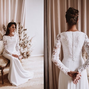 Modest wedding dress with lace bodice, long lace sleeves, crepe A-line skirt /Simple, feminine and romantic bridal gown with high neckline