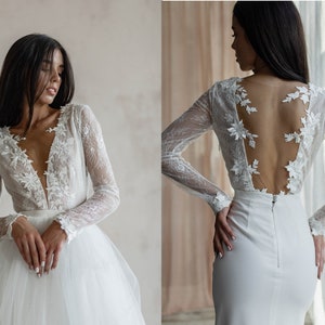 Lace bridal bodysuit with long sleeves, open back, deep V plunge/ Separate wedding top/ Handmade floral appliqué/ Bridal separates