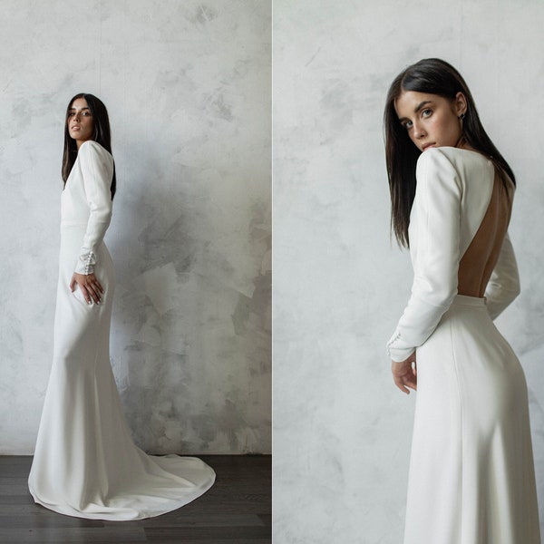 A-line wedding dress with open back, long fitted sleeves/ Modest wedding dress/ Chic and simple bridal gown/ Minimalist wedding dress