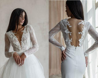 Lace bridal bodysuit with long sleeves, open back, deep V plunge/ Separate wedding top/ Handmade floral appliqué/ Bridal separates