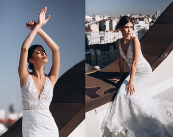 Floral lace wedding dress with deep V neckline & open back/Simple, elegant and nature-inspired