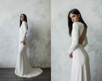 A-line wedding dress with open back, long fitted sleeves/ Modest wedding dress/ Chic and simple bridal gown/ Minimalist wedding dress