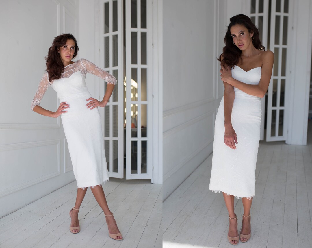 Short Lace Wedding Dress With Separate Jacket, Fitted Style Bridal Gown ...