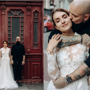 Lace wedding dress with high neckline, long sleeves and tulle skirt