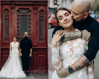 Lace wedding dress with high neckline, long sleeves and tulle skirt