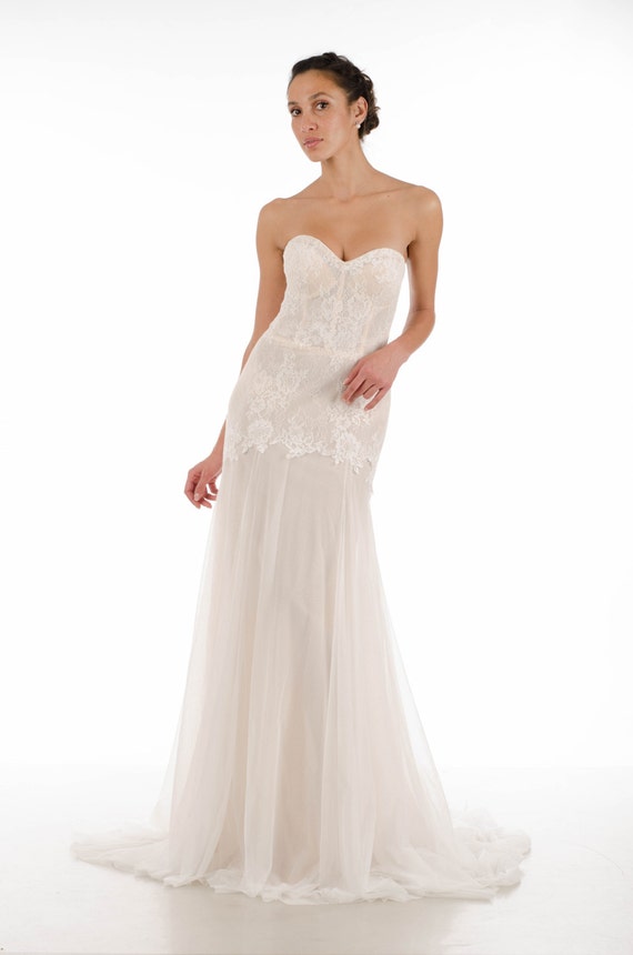 strapless lace wedding dress with train