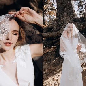 Drop veil with leaf lace edge in ivory color
