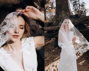 Drop veil with leaf lace edge in ivory color