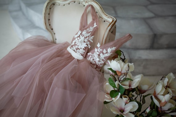 Tulle Wedding Dress Deep V Open Back 3d Flowers Ball Gown Cathedral Train  Fairy Dress Romantic Bridal Gown Dusty Rose Princess Floral Color -   New Zealand