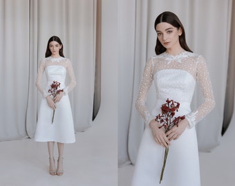 Simple & modest wedding dress with short satin A-line skirt, long lace sleeves and elegant lace collar