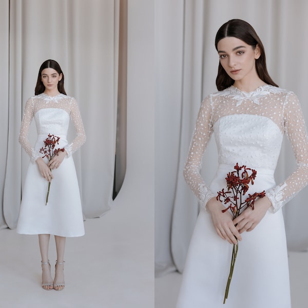 Simple & modest wedding dress with short satin A-line skirt, long lace sleeves and elegant lace collar