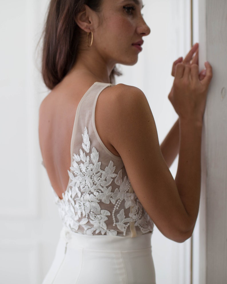 Modern wedding gown, open back, deep V neckline, two piece wedding dress, lace top, long skirt with train, sexy wedding dress image 7