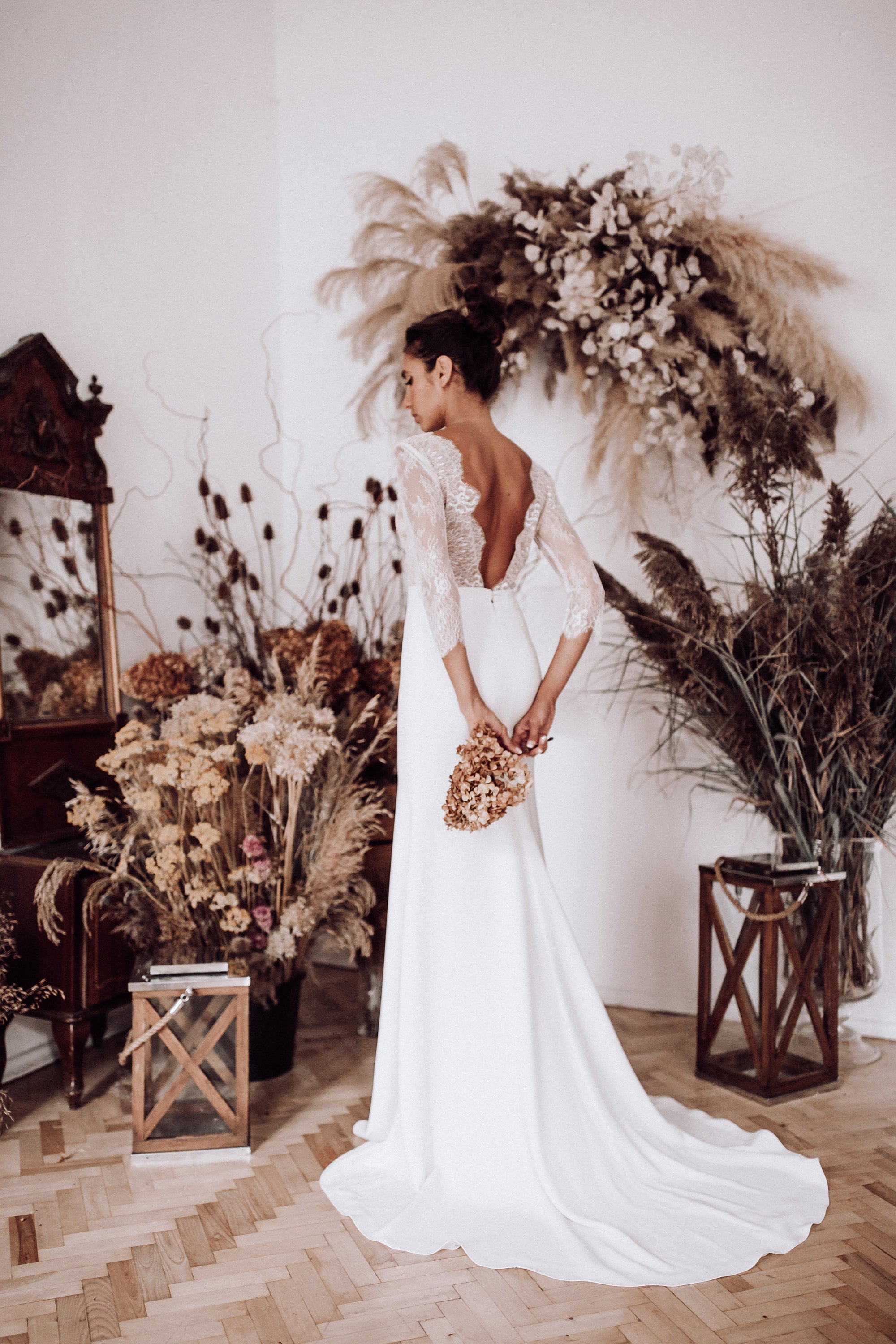 Abito da sposa con top in pizzo maniche a 3 4 gonna aderente con spacco centrale abito da sposa Boho con scollo smerlato V profondo Senza schienale Sexy Etsy Italia